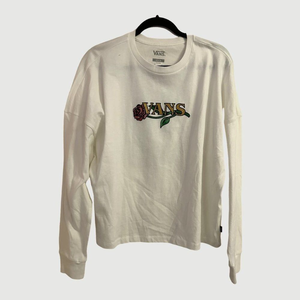 Vans Men's Long Sleeve Relaxed Boxy Tee (White/ Stained Rose Design)